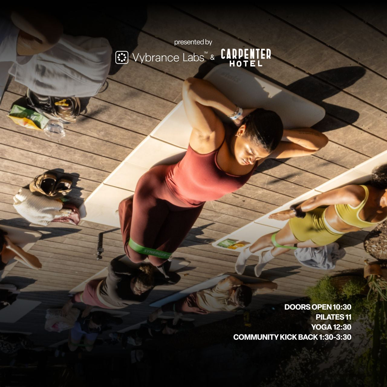 People exercising on a wooden deck with event details overlayed.