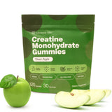 Vybrance Labs Green Apple Creatine Monohydrate Gummies pouch, 120 gummies and 30 servings, with a whole green apple and fresh slices