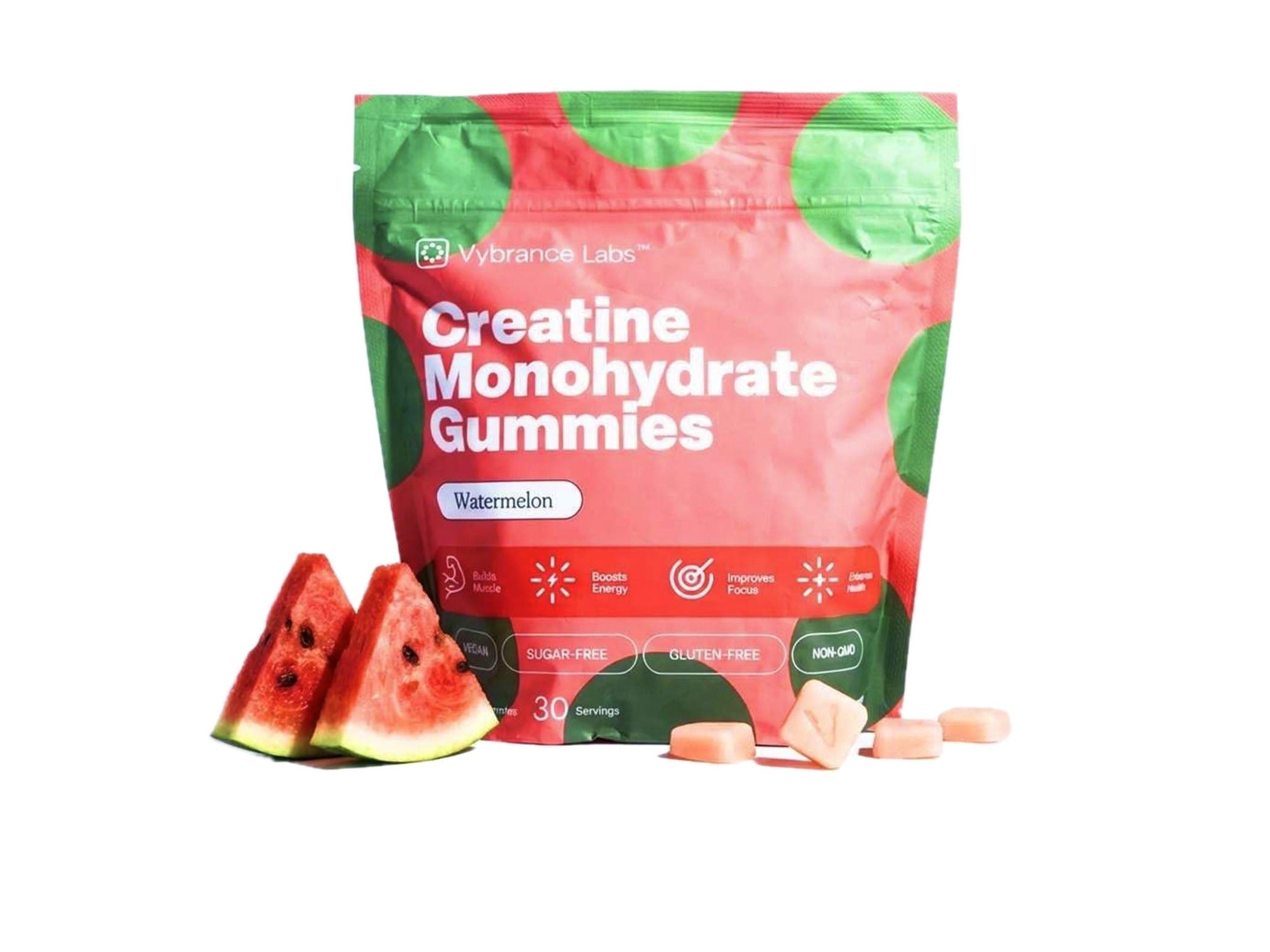 Vybrance Labs Creatine Monohydrate Gummies watermelon bag with fresh watermelon slices and gummies